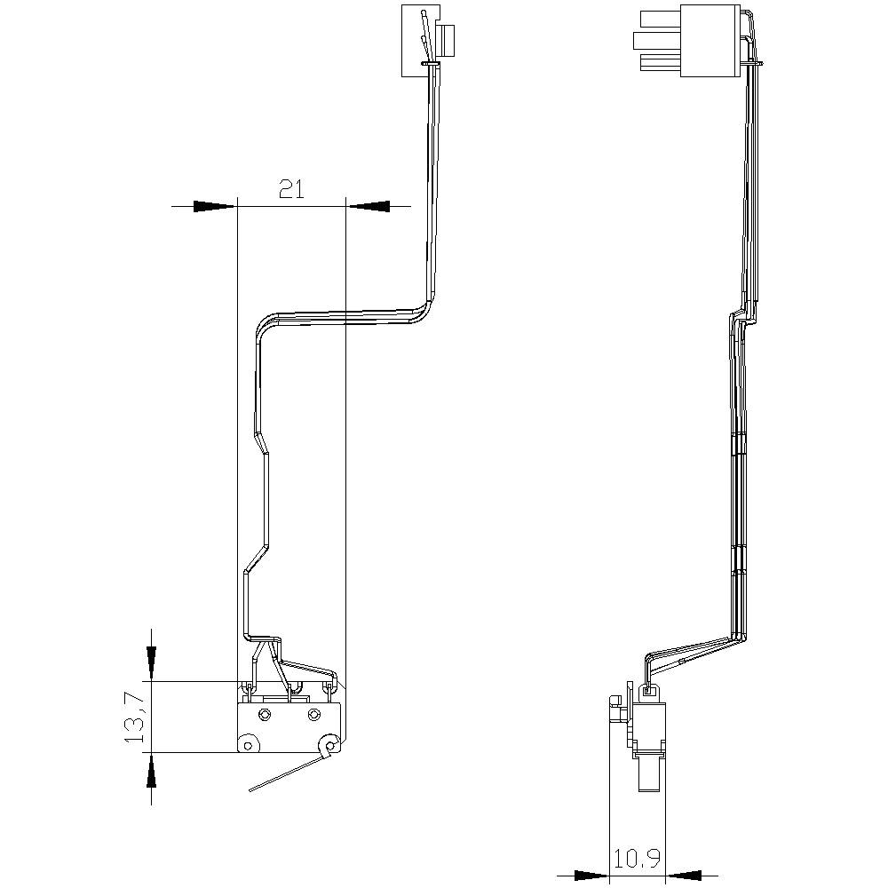 Technische Zeichnung einer Leiterplatte mit Maßen: Breite 21 mm, Höhe 13,7 mm und Tiefe 10,9 mm. Zeigt Front- und Seitenansicht.