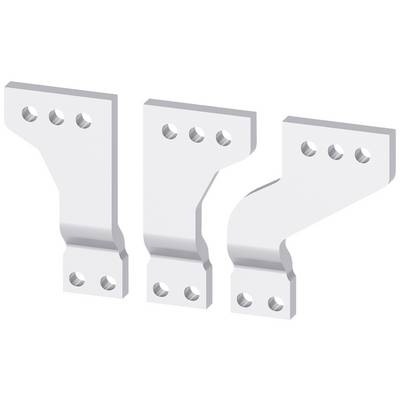 Drei weiße, metallische Halterungen mit je drei Bohrlöchern an den oberen und unteren Enden, in unterschiedlicher Form.