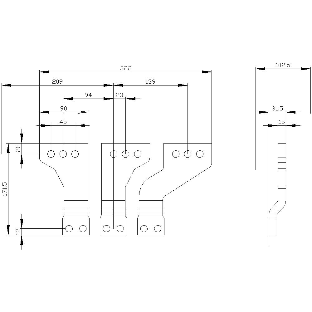 Technische Zeichnung eines mechanischen Teils mit Abmessungen: Höhe 171,5 mm, Breite 322 mm. Mehrere Bohrlöcher, Seitenansicht inklusive.