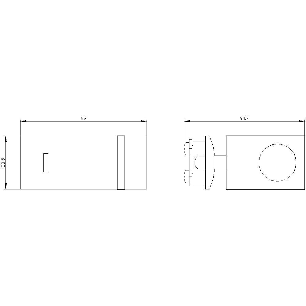 Technische Zeichnung eines rechteckigen Objekts mit den Maßen 68 mm L x 20,5 mm B, inklusive runder Öffnung und Befestigungselementen.