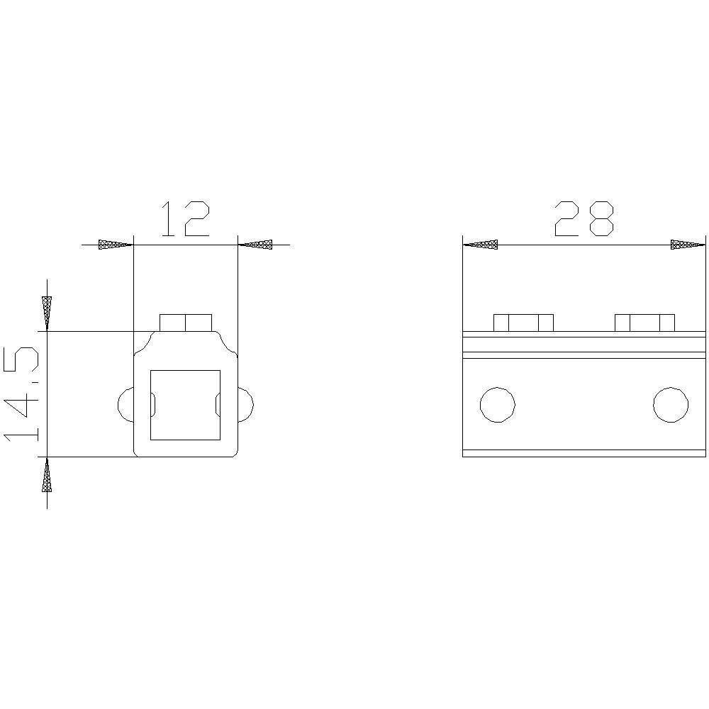 Technische Zeichnung eines mechanischen Teils mit Maßen: Breite 12 und 28, Höhe 14,5. Vorder- und Seitenansicht.