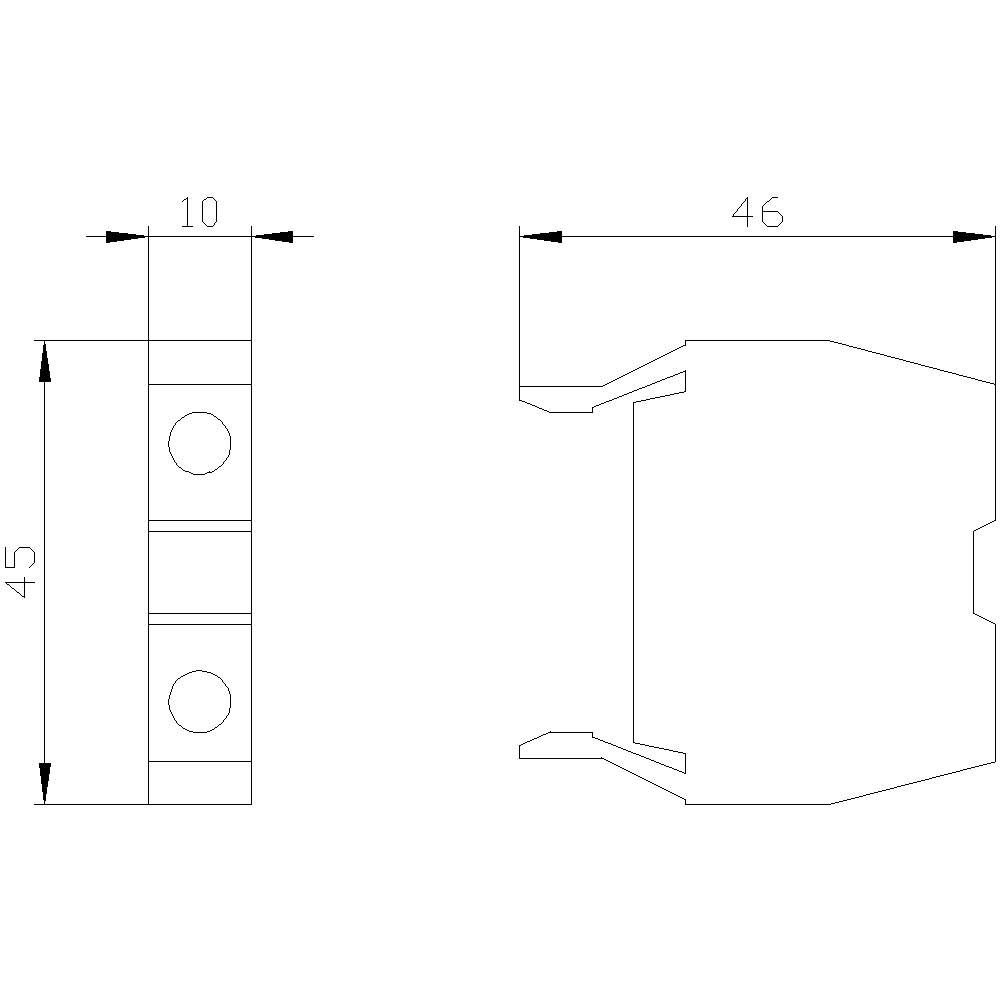 Technische Zeichnung eines Bauteils mit Maßen: links 45 x 10, rechts 46. Oben Ansichtsseite, unten Schnittansicht.