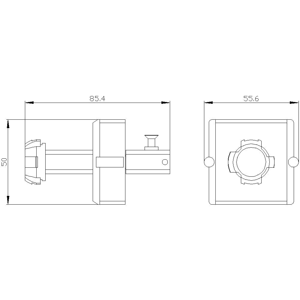 Technische Zeichnung einer Halterung mit Maßen: Breite 85,4 mm, Höhe 50 mm und Tiefe 55,6 mm. Ansicht von vorne und von der Seite.