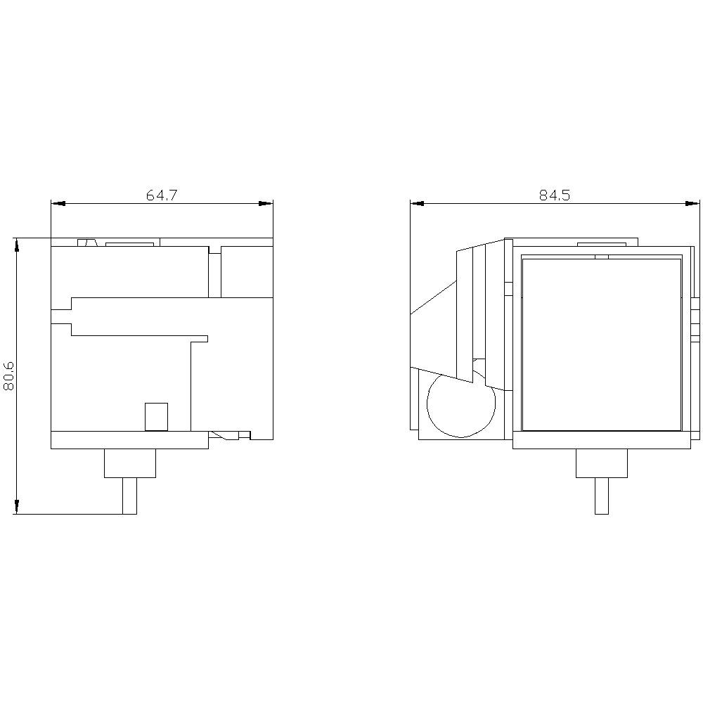 Technische Zeichnung eines elektrischen Bauteils mit Abmessungen: Breite 64,7 mm, Tiefe 84,5 mm, Höhe 80,6 mm. Ansicht von vorne und Seite.