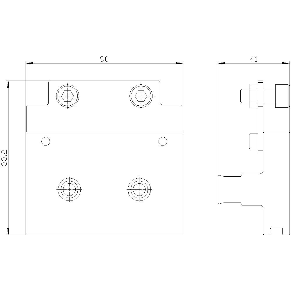 'Eine technische Zeichnung einer Metallhalterung mit den Maßen 90 mm Breite und 88,8 mm Höhe. Seitendetail zeigt eine Breite von 41 mm.'