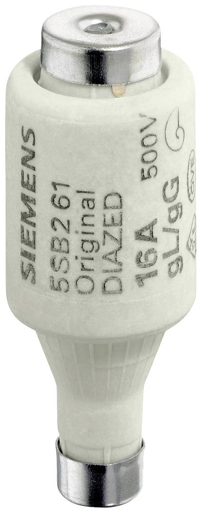 Kleine weiße Sicherung mit Aufschrift 'Siemens 5SB261', '500V', '16A'. Dient zum Schutz elektrischer Schaltkreise vor Überlastung.