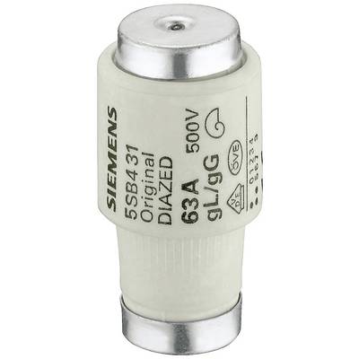 Sicherungseinsatz von Siemens, Modell 5SB431, 63A, 500V. Weißer zylindrischer Körper mit Metallkappen oben und unten.