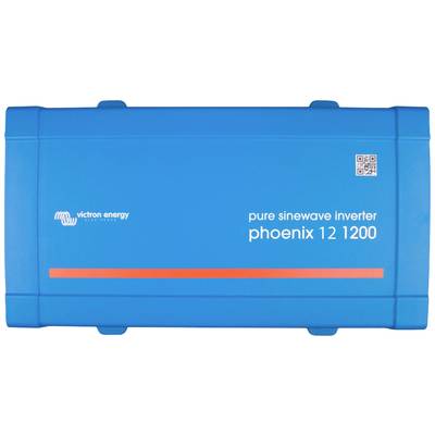Ein blauer 'pure sinewave inverter' von Victron Energy mit der Aufschrift 'phoenix 12 1200' und einem QR-Code auf der Oberseite.