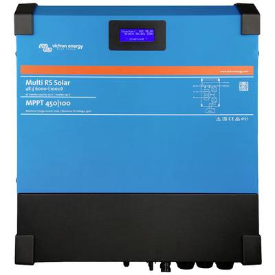 Ein blauer Solarwechselrichter von Victron Energy mit der Aufschrift 'Multi RS Solar 48 | 6000 | 100-9 MPPT 450|100'.