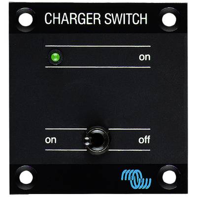 Schwarzes Bedienfeld mit Aufschrift 'CHARGER SWITCH'. Oben grüne LED-Anzeige mit 'on'. Unten Kippschalter mit Positionen 'on' und 'off'.