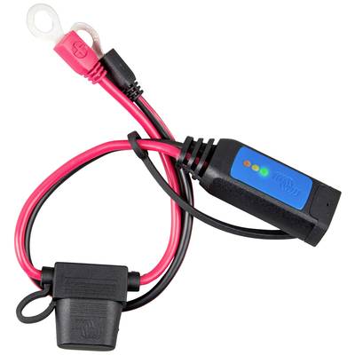 Ein Batteriekabel mit Stecker und LED-Anzeige zur Überwachung des Ladezustands, rote und schwarze Kabelenden mit Ring- und Steckverbindungen.