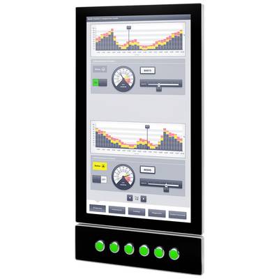 Ein vertikaler Monitor zeigt zwei Diagramme mit farbigen Balken. Darunter befinden sich Messanzeigen mit numerischen Werten und Tasten.
