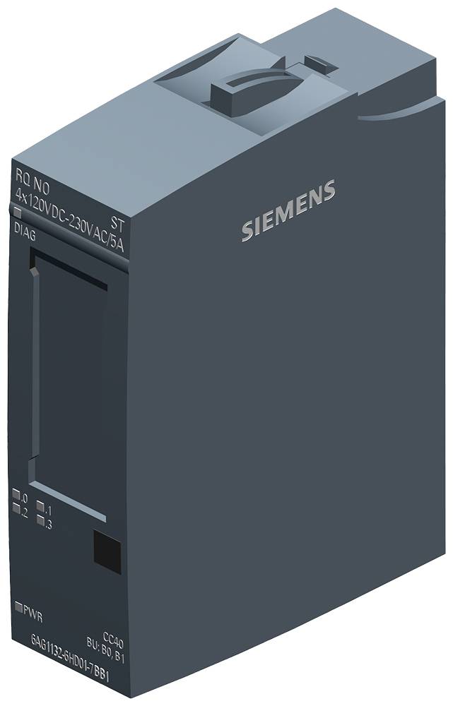 Graues SIEMENS-Gerät mit Anzeigeleuchten und Beschriftung '4x120VDC-230VAC/5A'. Funktion oder Anwendung nicht ersichtlich.