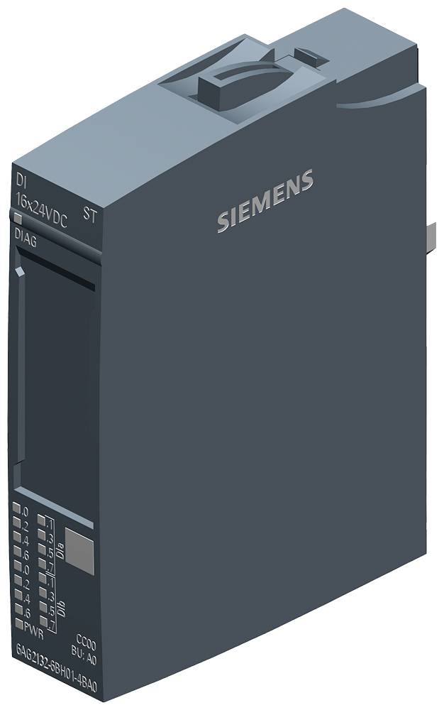 Elektronisches Bauteil von Siemens, dunkelgrau, mit Aufschrift 'DI 16x24VDC ST'. Steckplatz-Anschlüsse und sonstige Anschlüsse sichtbar.