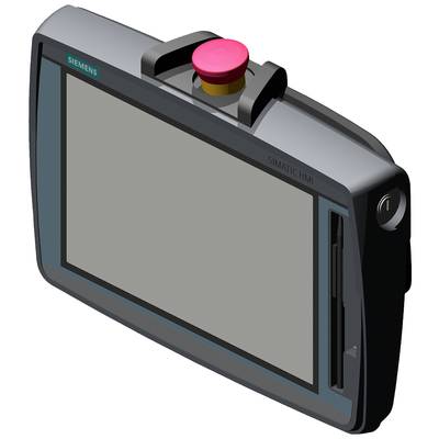 Industrie-Bedienpanel mit großem Display, Not-Aus-Taster und seitlichen Bedienelementen.