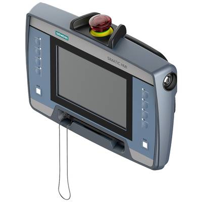 Ein tragbares Siemens SIMATIC HMI-Gerät mit großem Display und rotem Not-Aus-Knopf oben, geeignet für Maschinensteuerung.