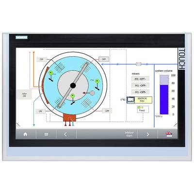 Touchscreen-Gerät zeigt einen Wasserfluss- und Steuerungskreislauf mit Ein/Aus-Schaltern und Systemvolumenanzeige von 0 bis 1000L.