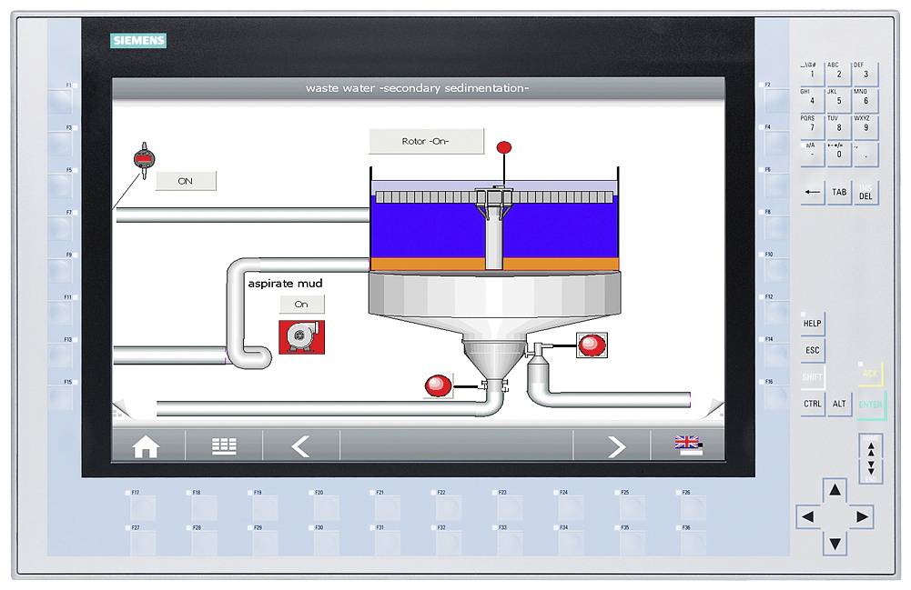 Bild eines Siemens Steuerpanels. Anzeige zeigt ein Diagramm zur Abwasserbehandlung mit Überschriften 'Rotor On' und 'aspirate mud'. 