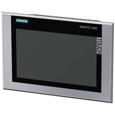 Ein Siemens Simatic HMI-Touchpanel mit schwarzem Bildschirm und grauem Rahmen, links oben das Siemens-Logo.