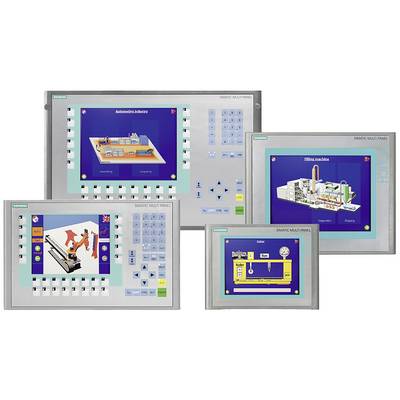 'Vier SIMATIC Multi Panels zeigen verschiedene industrielle Prozesse: Automatisierung, Füllmaschine, Indexierung, und Ladeanzeige.'