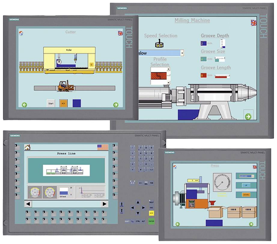Industrie-HMI-Displays zeigen Steuerungsoberflächen. Bilder enthalten Diagramme zur Maschinensteuerung von Cutter, Fräs- und Pressanlagen.