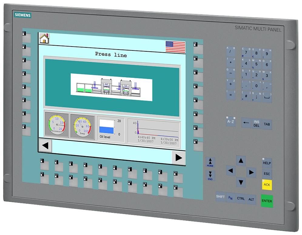 Ein Bedienfeld von Siemens zeigt eine Grafik mit der Aufschrift 'Press line', Maschinensteuerungen und USA-Flagge oben rechts.