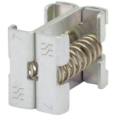 Ein silberfarbener Metallmechanismus mit einer Spiralfeder in der Mitte. Dient als Verbindungselement in technischen Anwendungen.