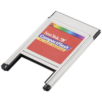 Ein 'SanDisk CompactFlash PC Card Adapter' in Silber und Rot liegt schräg auf einem weißen Hintergrund.