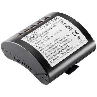 'Schwarzer Siemens Batterie-Pack mit weißen Etikett, das technische Spezifikationen und Vorsichtsmaßnahmen auflistet. Hergestellt in Deutschland.'