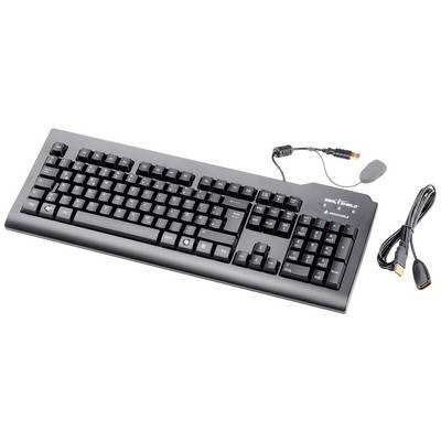 Schwarze Computertastatur mit kabelgebundener USB-Verbindung, daneben ein separates Kabel und Steckeradapter.