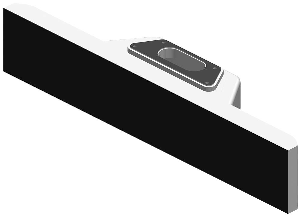 Ein schwarzes und weißes rechteckiges Objekt mit einer Metallplatte oben, möglicherweise Teil eines Werkzeugs oder Geräts.