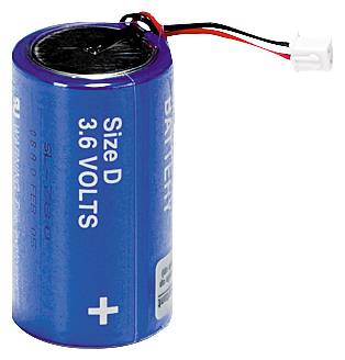 Blaue D-Batterie mit der Aufschrift '3.6 VOLTS', ausgestattet mit zwei Drähten und einem weißen Stecker am oberen Ende.