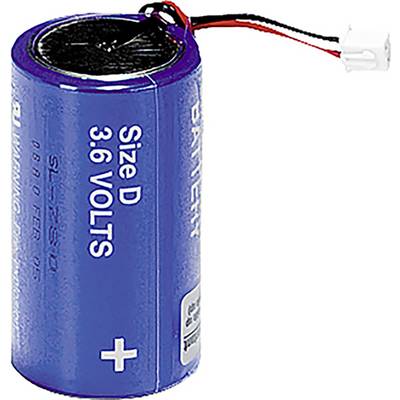 Blaue Batterie der Größe D mit der Aufschrift '3.6 VOLTS'. Sie hat zwei Kabel mit einem weißen Steckverbinder an der Oberseite.