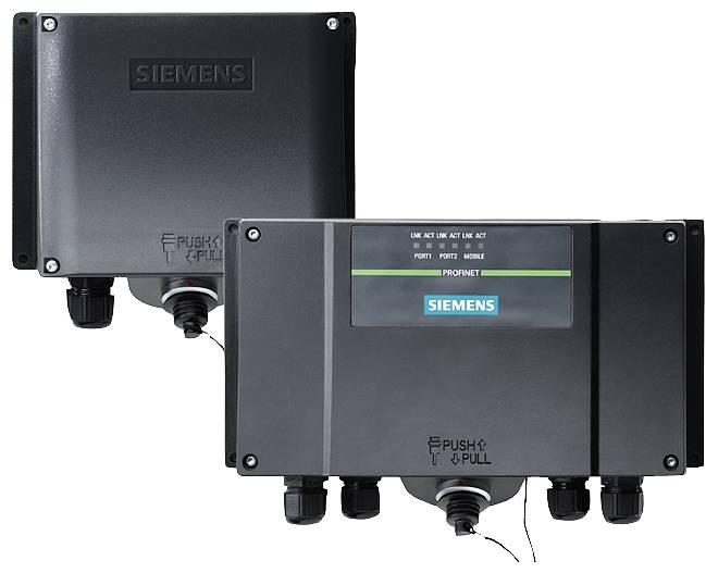 Zwei schwarze Siemens-Geräte nebeneinander, mit Kabelanschlüssen unten. Links schlichtes Design, rechts mit digitalem Display und 'PROFINET'-Label.