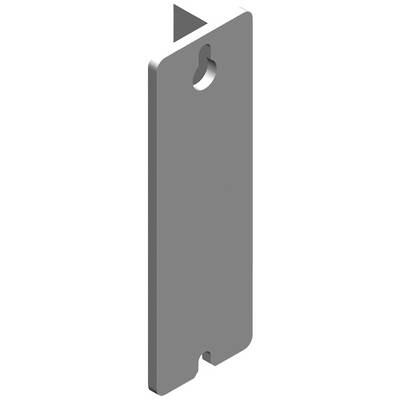 Graues, rechteckiges Metallstück mit abgerundetem Loch oben, diagonale Kante am oberen Rand.