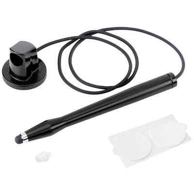 Ein schwarzer Stift mit Kabel und runder Halterung, begleitet von einem Kunststoffaufsatz und zwei runden Klebepads auf weißem Hintergrund.