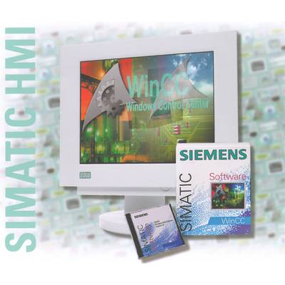 Der Bildschirm zeigt die Software 'WinCC' mit einem digitalen Interface. Daneben sind eine Software-CD und ein Handbuch von Siemens abgebildet.