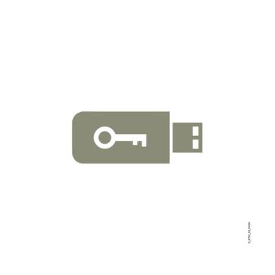 Ein grauer USB-Stick mit einem Schlüsselsymbol darauf, symbolisiert digitale Sicherheit oder Datenverschlüsselung.