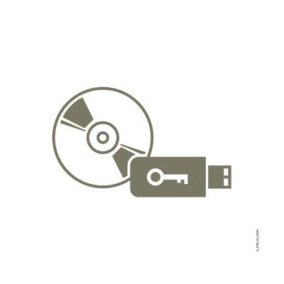 Ein Piktogramm zeigt eine CD neben einem USB-Stick mit einem Schlüsselsymbol. Dies symbolisiert digitale Datensicherung oder Datenspeicherung.