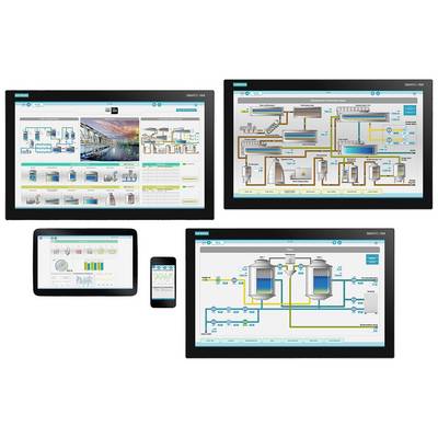 Verschiedene Bildschirmansichten von SIEMATIC-HMI-Systemen, die Steuerungs- und Überwachungsfunktionen in einer industriellen Anlage darstellen.
