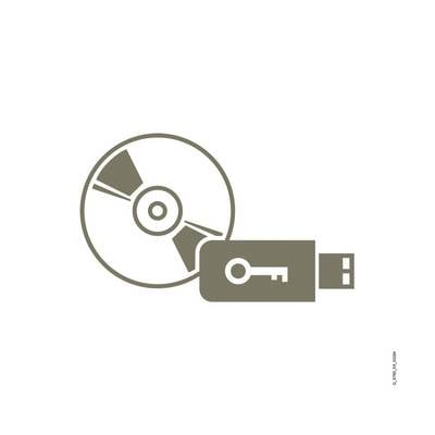 Ein graues Icon zeigt eine CD neben einem USB-Stick mit einem Schlüssel-Symbol, das auf digitale Sicherheit hinweist.