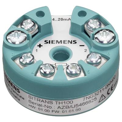 Ein runder, türkisfarbener Siemens SITRANS TH100 Temperatursensor mit sechs Anschlusspunkten, Seriennummer und technischen Spezifikationen.