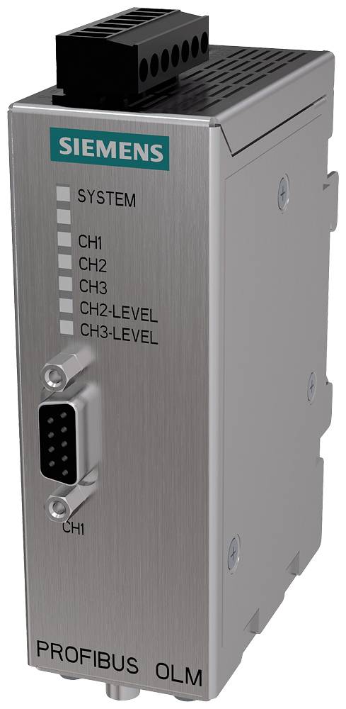 Siemens PROFIBUS OLM-Modul mit Anschluss für Netzwerkkommunikation, LED-Anzeigen für System- und Kanalstatus auf silbernem Gehäuse.