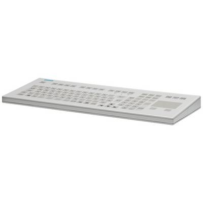 Eine weiße Industrietastatur mit Funktionstasten, Ziffernblock und integriertem Touchpad. Speziell für industrielle Anwendungen.
