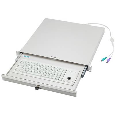 Ein flaches, ausziehbares Computer-Keyboard in einem Metallgehäuse mit integriertem Trackball und PS/2-Anschlüssen zur Steuerung.