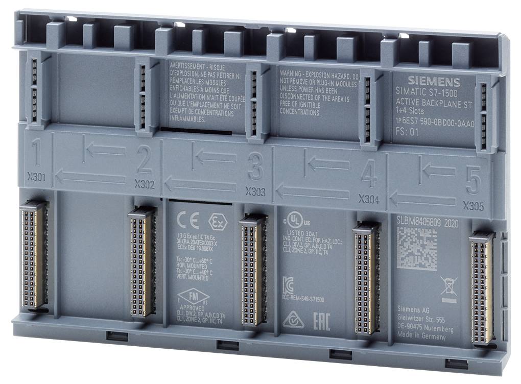 Eine graue elektronische Komponente mit mehreren Steckplätzen, die Details und Sicherheitswarnungen auf der Oberfläche trägt.