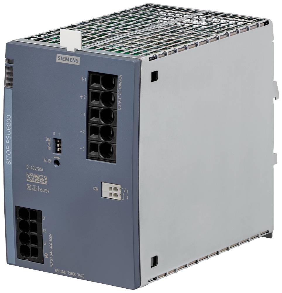 Ein graues Siemens Schaltnetzteil SITOP PSU8200 mit mehreren Anschlüssen und Lüftungsgitter oben, verwendet in Industriegeräten.