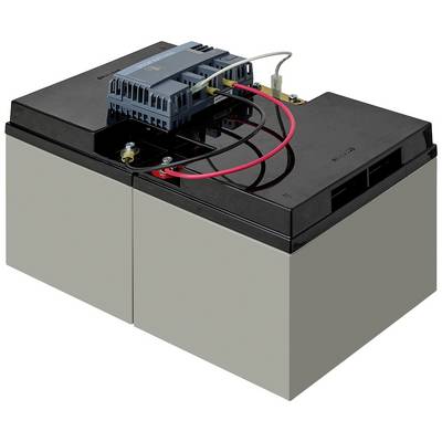 Ein Blockakku mit zwei Batterien und einem darauf montierten blauen Relay-Modul. Rote und graue Kabel sind angeschlossen.