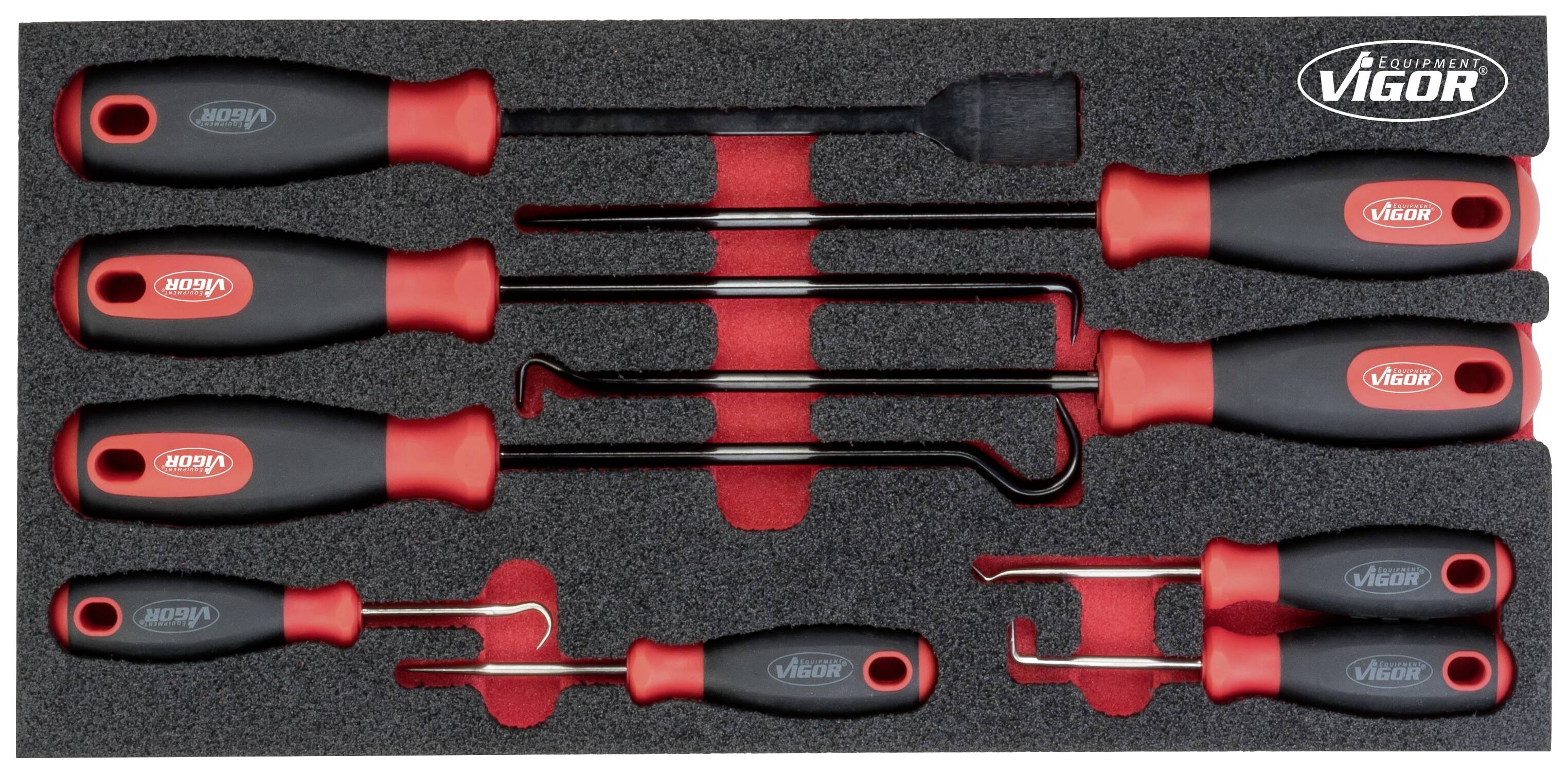 Werkzeugset mit neun Haken und Ahlen in Schaumstoffeinlage. Rote und schwarze Griffe, geeignet für mechanische Arbeiten.