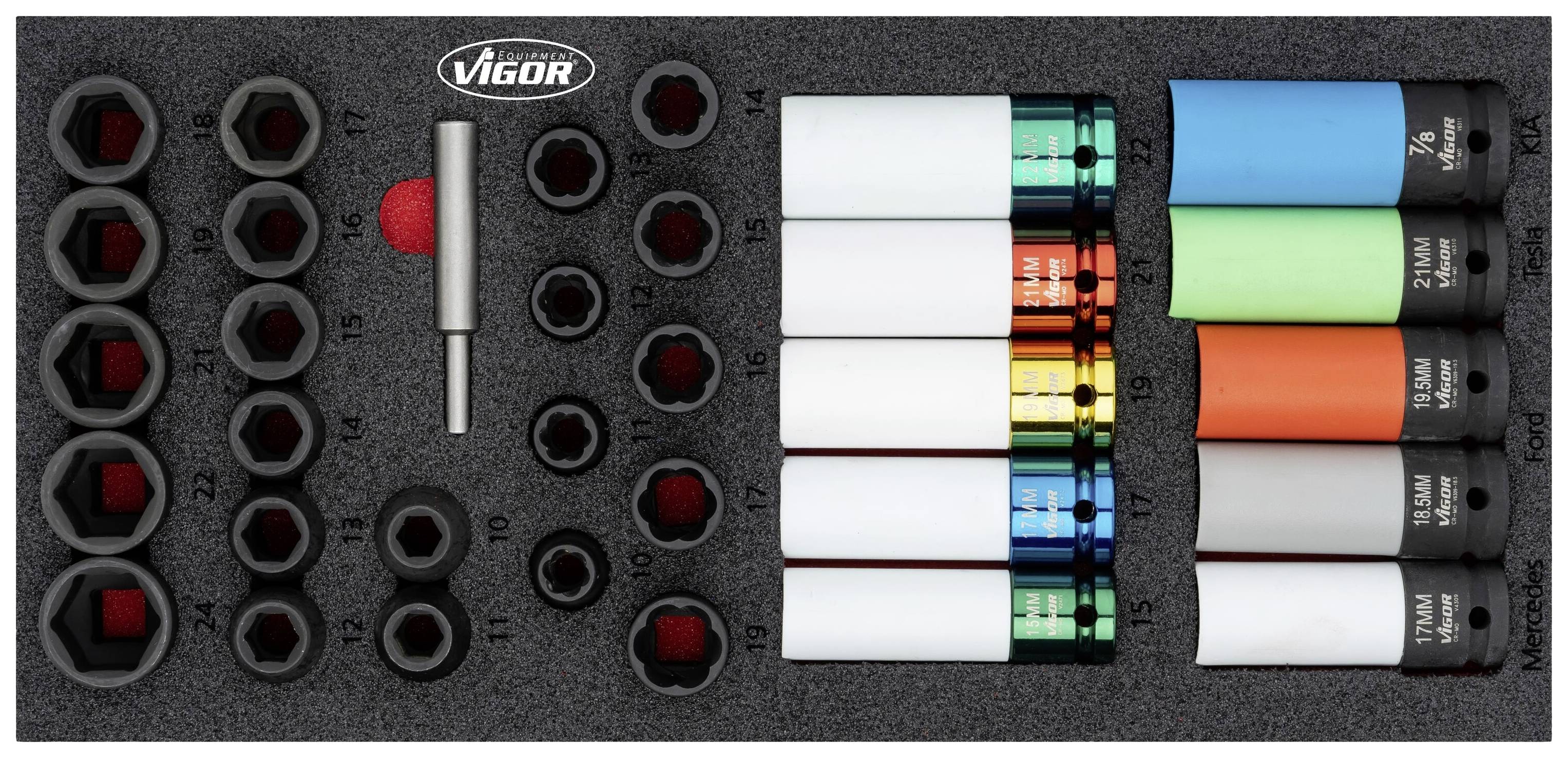 'Satz von Steckschlüssel-Einsätzen mit farbkodierten Hülsen, nummeriert von 10 bis 19 für Schrauben und Muttern, mit Stiftwerkzeug.'